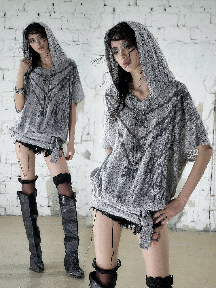 Ripped Knit Hooded Short Smock T Shirt【s0000016993】