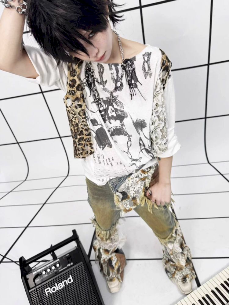 Raw Edge Aged Printed False Two Piece T-Shirt【s0000013714】