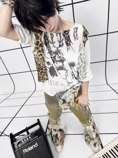 Raw Edge Aged Printed False Two Piece T-Shirt【s0000013714】