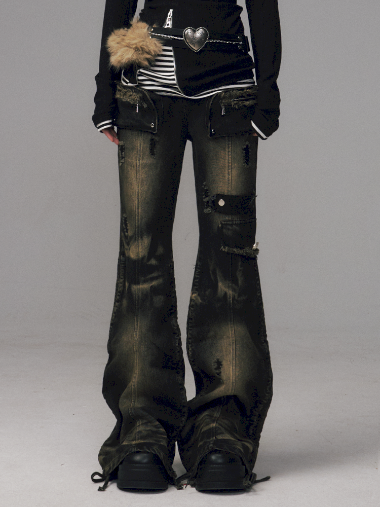 Punk Vintage Washed Drawstring Flared Pants【s0000014706】