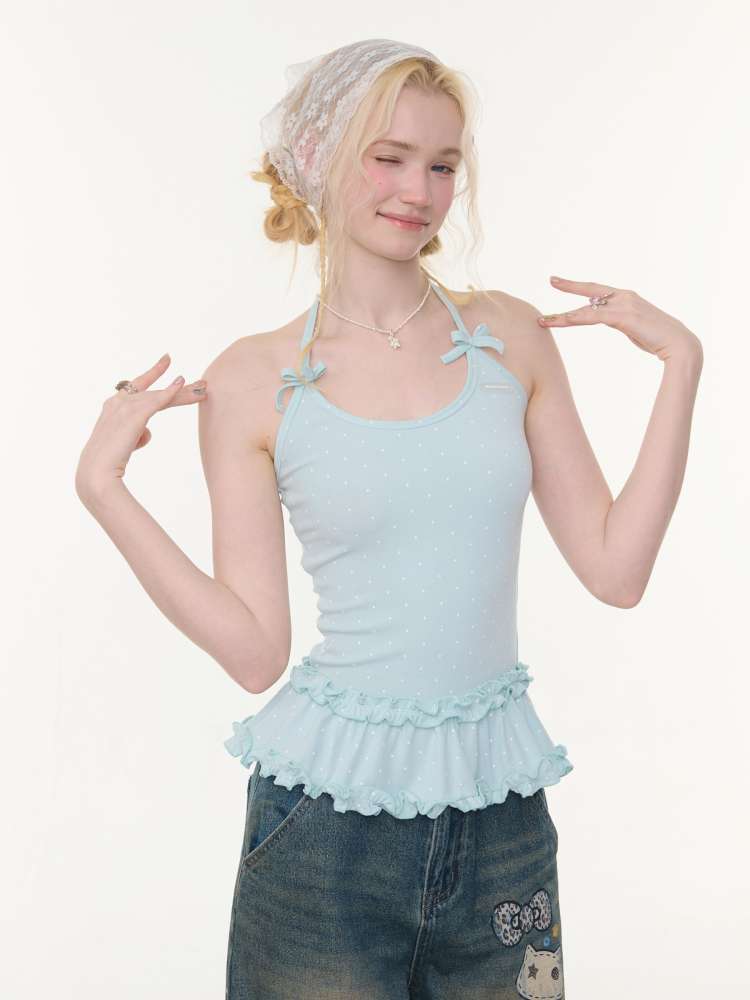 Lace Bow Polka Dot Halter Vest【s0000015432】
