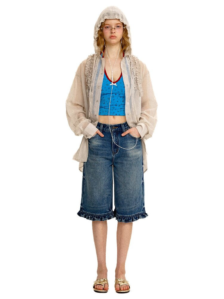 Lace Floral Leather Denim Cropped Pants【s0000017411】