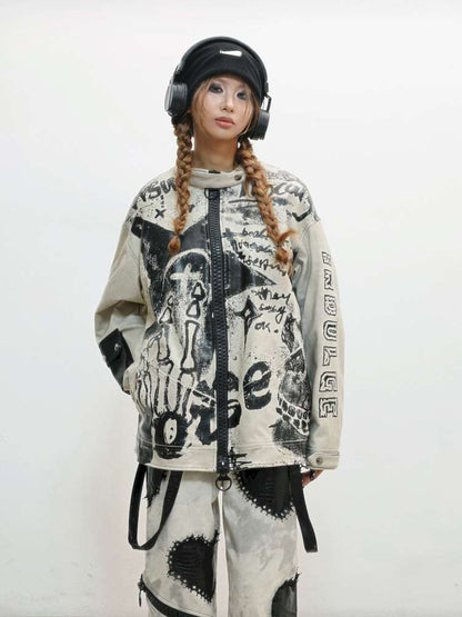 Old Printed Motorcycle Punk Thick Leather Jacket【s0000014829】