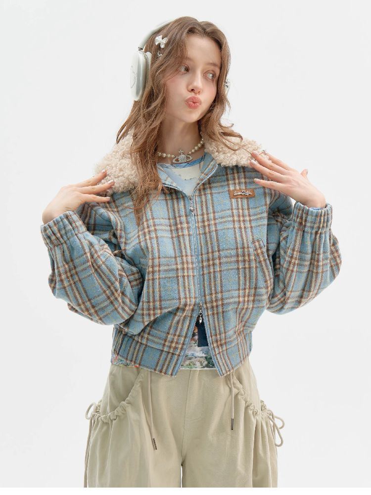 모피 칼라 슬림 블루 격자 무늬 짧은 코트 [S0000011507]