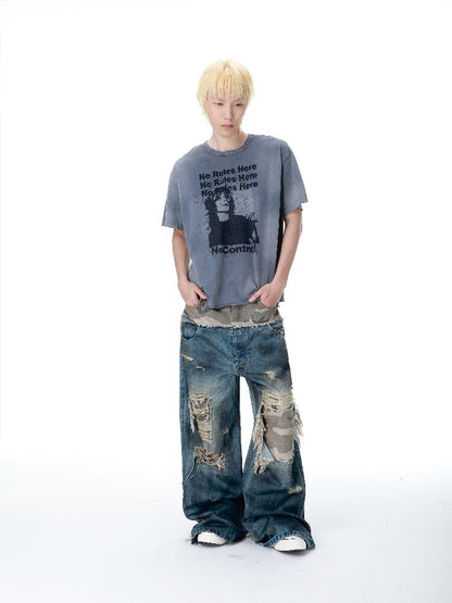 Vintage Print Distressed Washed T-Shirt【s0000017299】