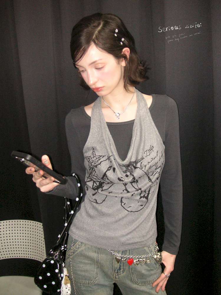 Rabbit Print Slim Halterneck Top【s0000015436】