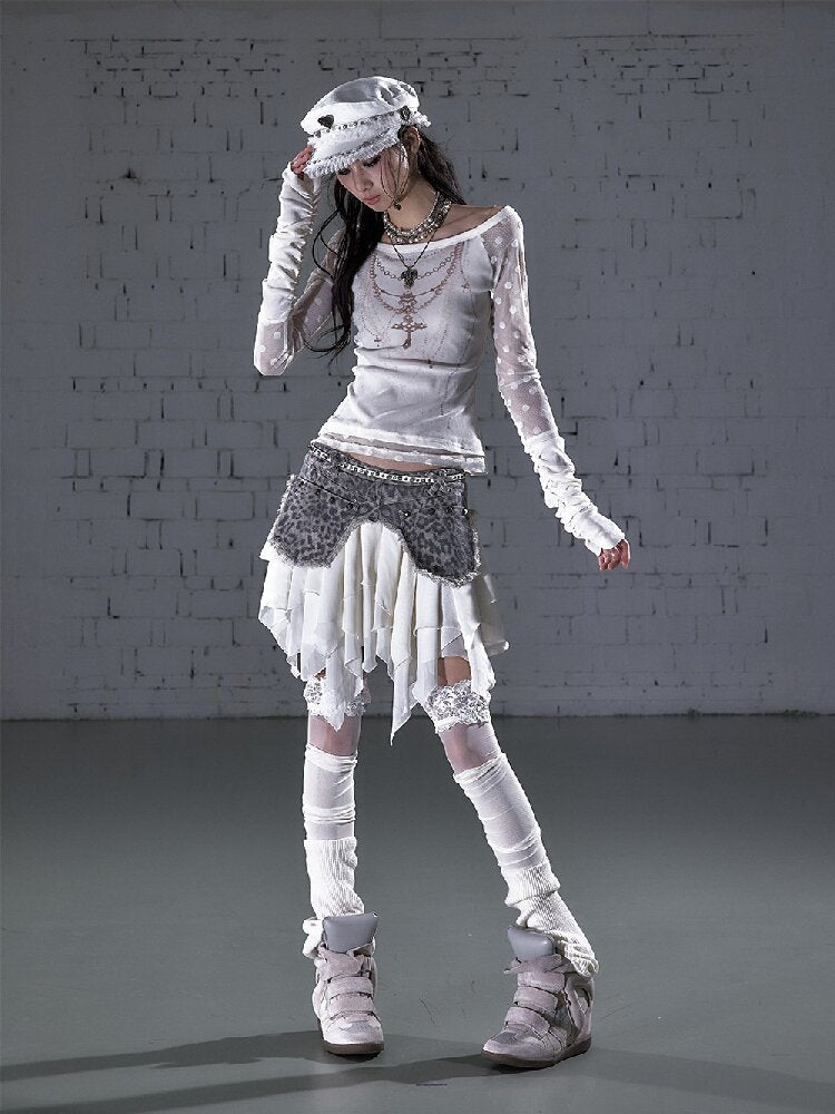 Washed Irregular Leather Denim Skirt【s0000015943】