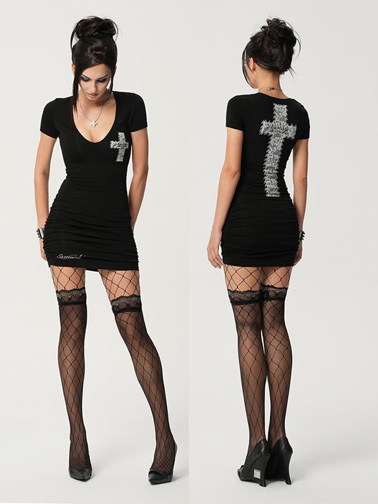 Lace Cross Print V-Neck Dress【s0000017469】