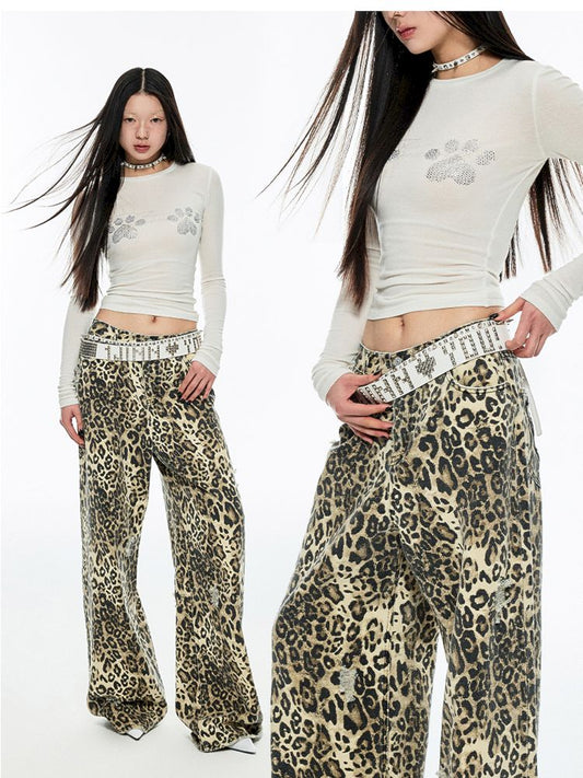 Leopard Print Canvas Wide Leg Pants [s0000006289]