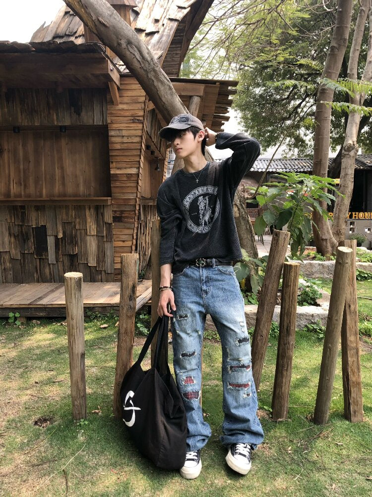 Washed Plaid Ripped Bootcut Jeans【s0000018224】