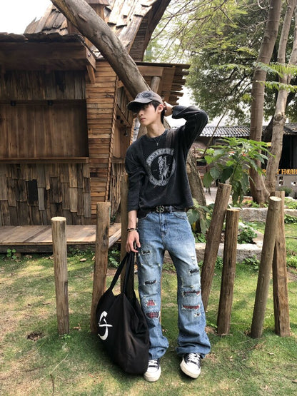 Washed Plaid Ripped Bootcut Jeans【s0000018224】