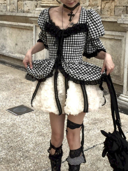 Plaid Lace Tie Bubble Sleeve Rose Set【s0000012437】
