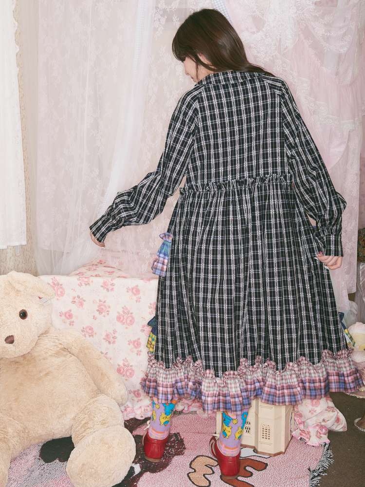 Colorful Lace Plaid Patchwork Black Dress【s0000014823】