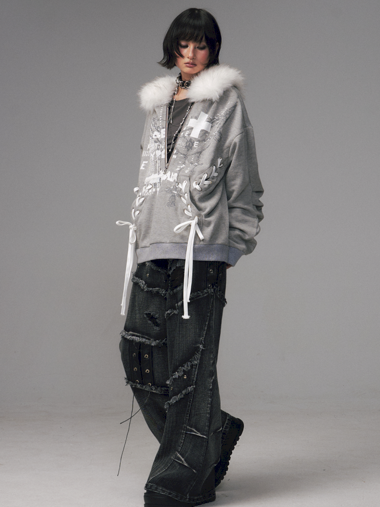 Tie-Front Printed Half-Zip Hoodie【s0000014452】