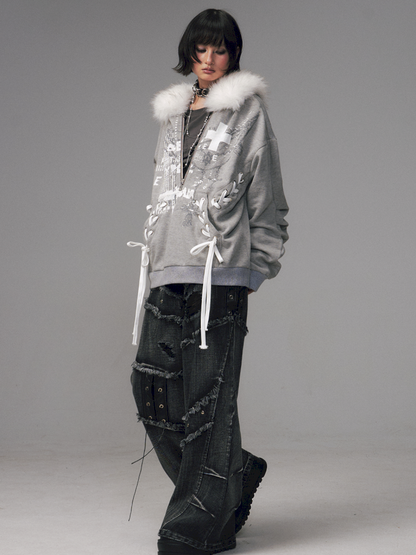 Tie-Front Printed Half-Zip Hoodie【s0000014452】