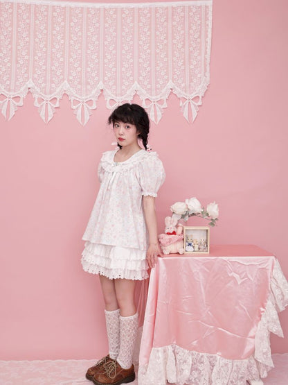 Rose pattern puff sleeve top【s0000012851】