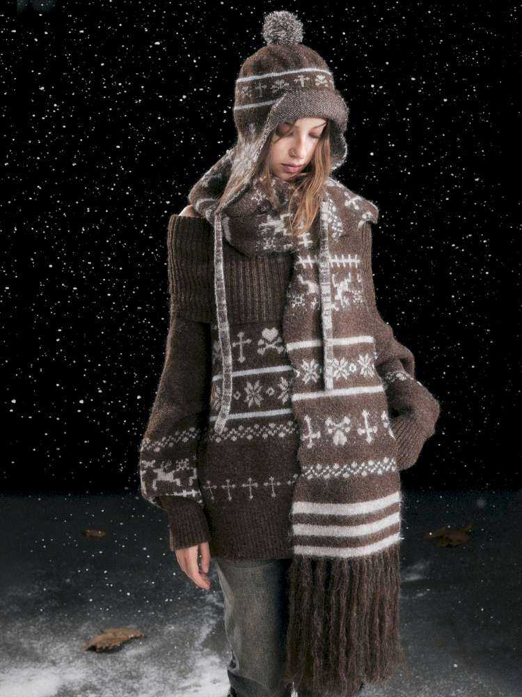 Striped Snowflake Ear Protection Beanie【s0000014672】