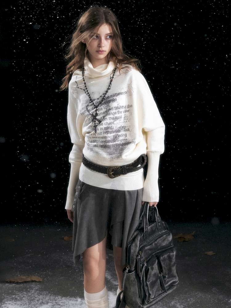 Graffiti Bat Sleeve Pleated Sweater【s0000014669】