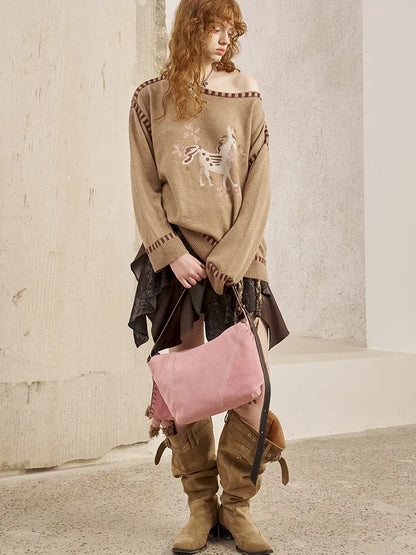 Off-the-shoulder poncho print knit sweater【s0000014063】