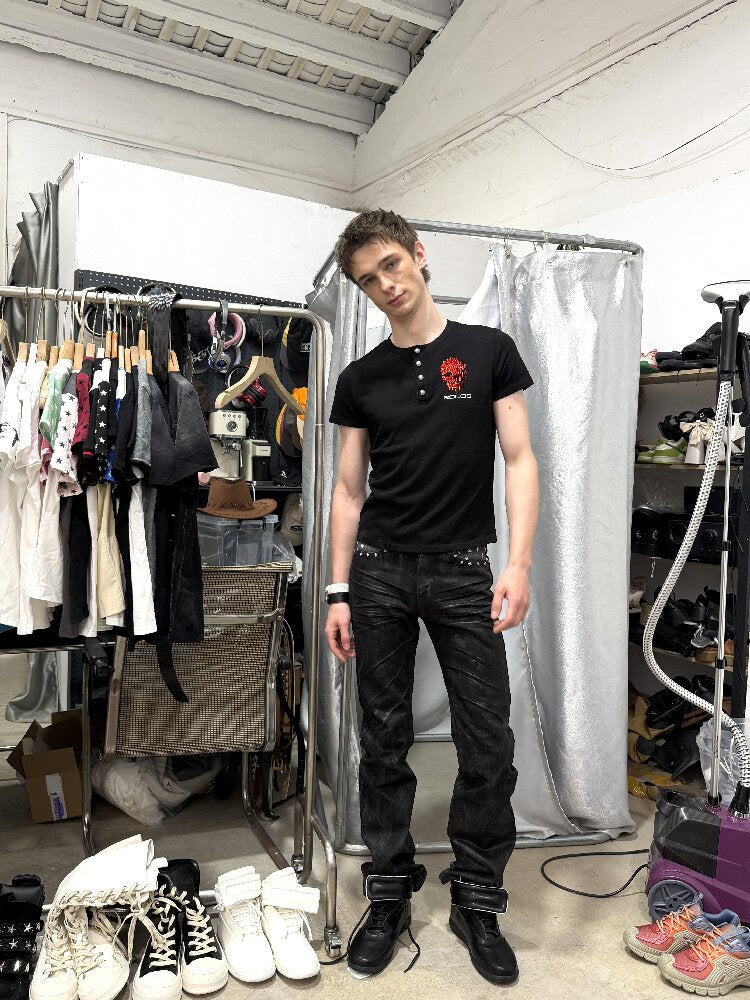 Red Rhinestone Embroidered Polo Tee【s0000018291】