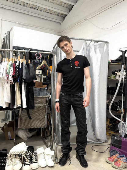 Red Rhinestone Embroidered Polo Tee【s0000018291】