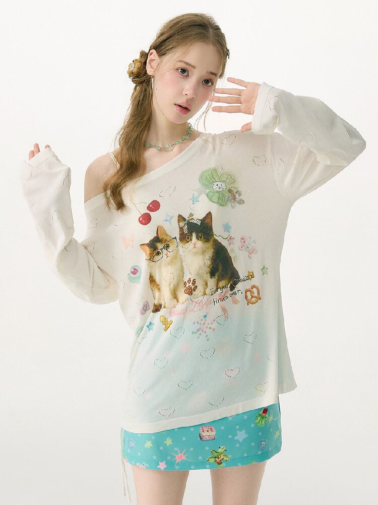 Summer Cat Heart Long Sleeve T Shirt【s0000017162】