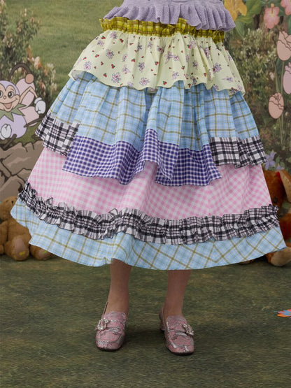 Plaid Print Cotton Lace Midi Skirt【s0000017119】