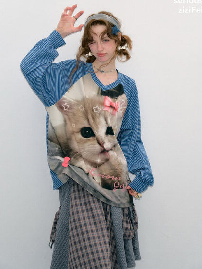 Striped Cat Print Sweatshirt Top【s0000017881】