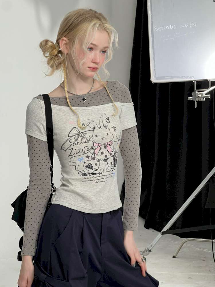 Rabbit Print Polka Dot Top【s0000015437】