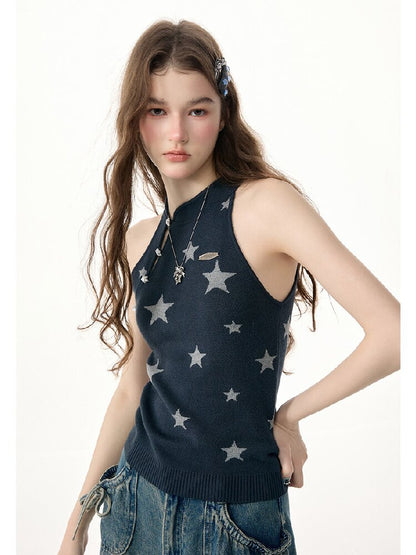 Summer Lazy Star Print Halter Knit Tank Top【s0000017254】