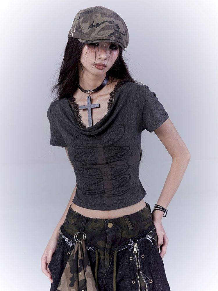 Openwork cross print lace T-shirt【s0000012847】