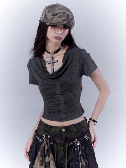 Openwork cross print lace T-shirt【s0000012847】