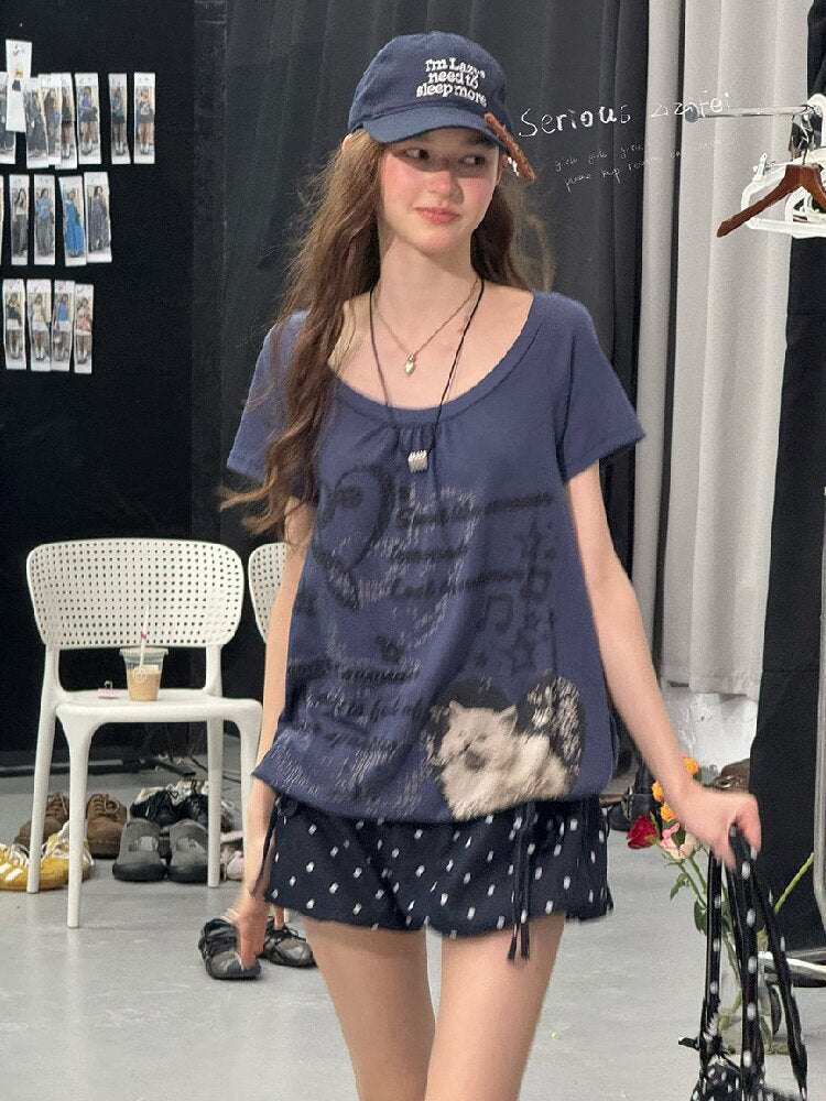 Cat Print Lazy Drawstring T-Shirt【s0000017253】