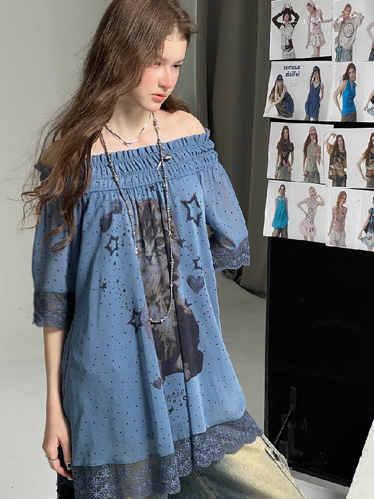Lace Patchwork Dot Cat Print T-Shirt【s0000017306】