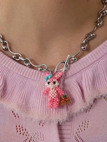 Handmade Pink Beaded Bunny Necklace【s0000016188】