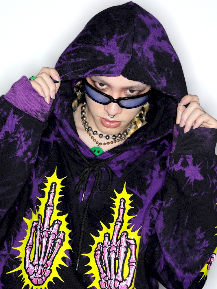 DARK PUNK MIDDLE FINGER TIE-DYE HOODED SWEATSHIRT [S0000010267]