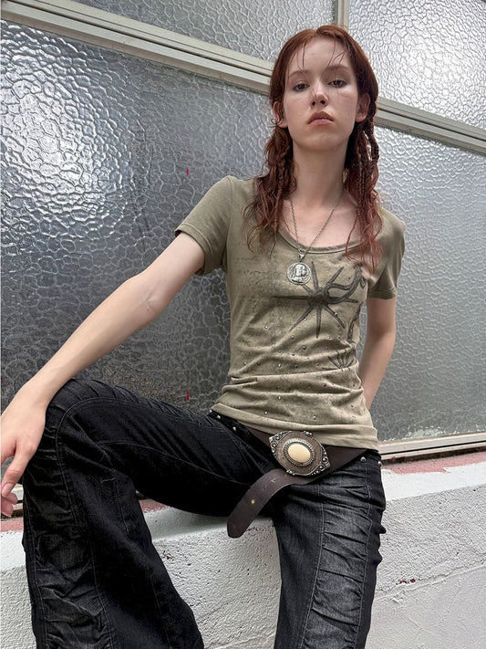 Basic Style Western Print Rhinestone T-Shirt【s0000012833】