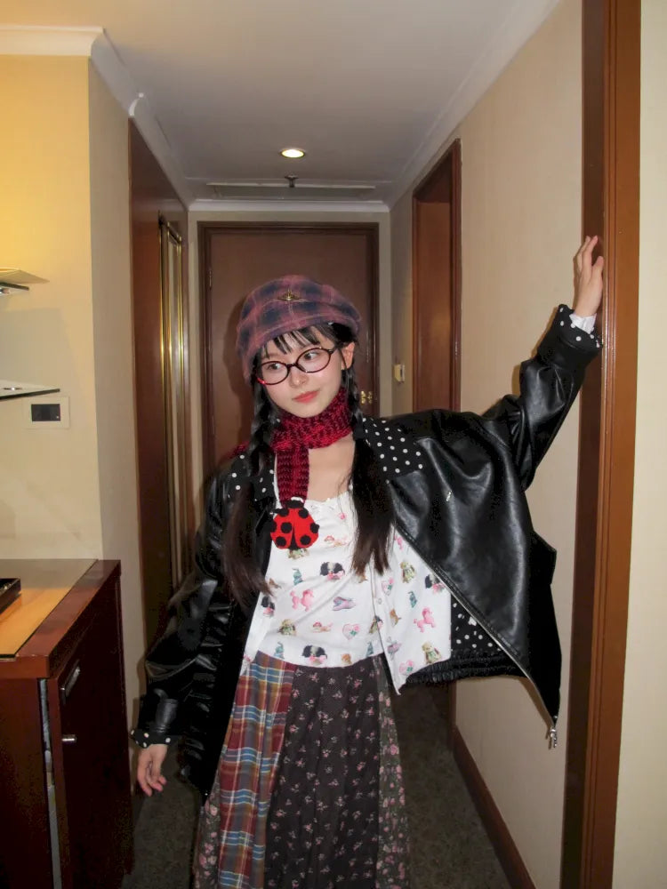 Lace-Trimmed Oversized Leather Jacket【s0000014167】