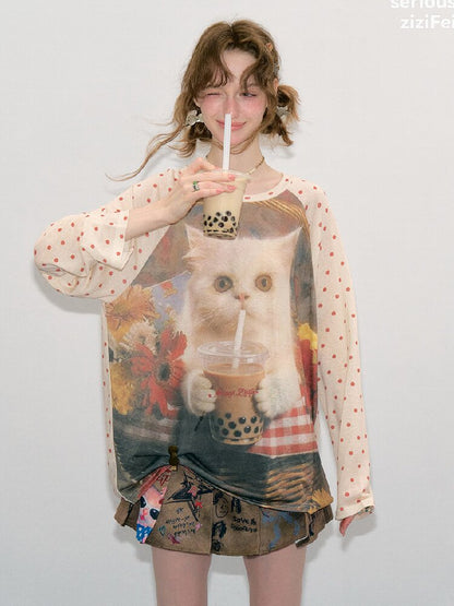 Raglan Cat Print Long Sleeve Top【s0000017886】