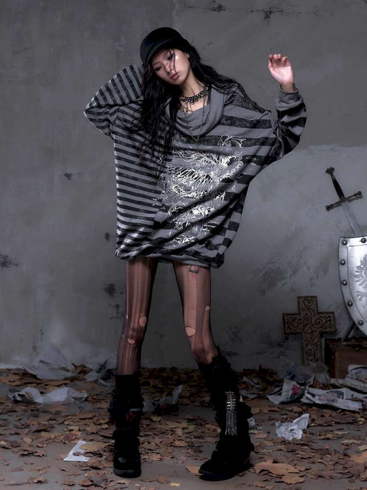 Striped Print Loose Bat Sleeve Dress【s0000014658】