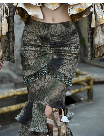 Tie-Dye Lace Slim Fishtail Birdcage Half-Body Skirt【s0000006633】