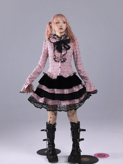 Pink Black Check Bow Flared Shirt【s0000016221】