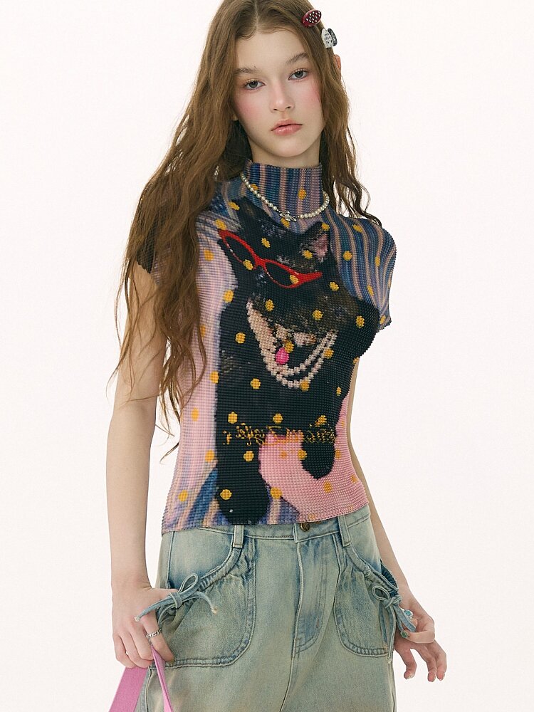 Polka Dot Cat Pleated T-Shirt【s0000016853】