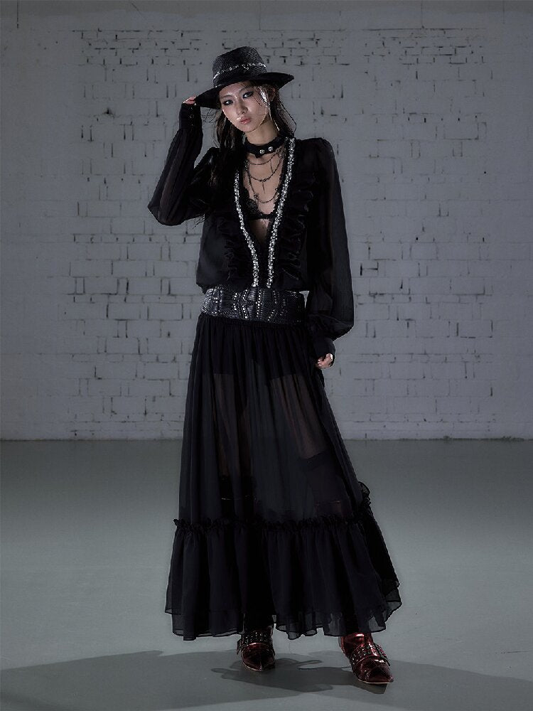 Shirring Deep V Chiffon Dress【s0000015932】