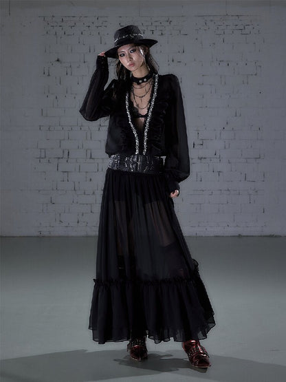 Shirring Deep V Chiffon Dress【s0000015932】
