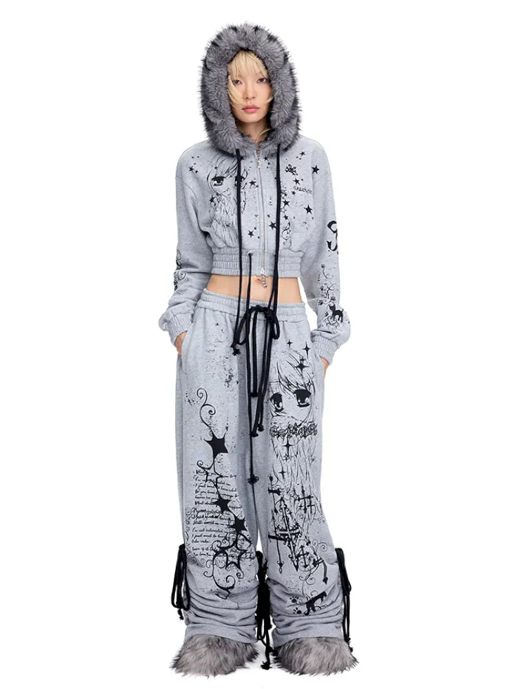 Doodle Print Puffy Drawstring Sweatpants【s0000014092】