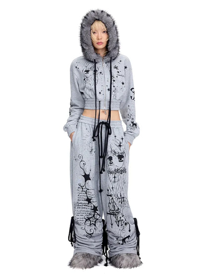 Doodle Print Puffy Drawstring Sweatpants【s0000014092】