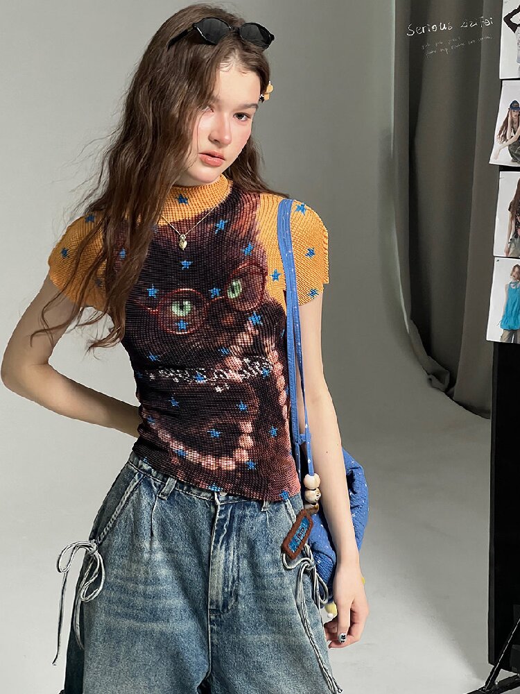 Star Cat Print Pleated T Shirt【s0000017314】