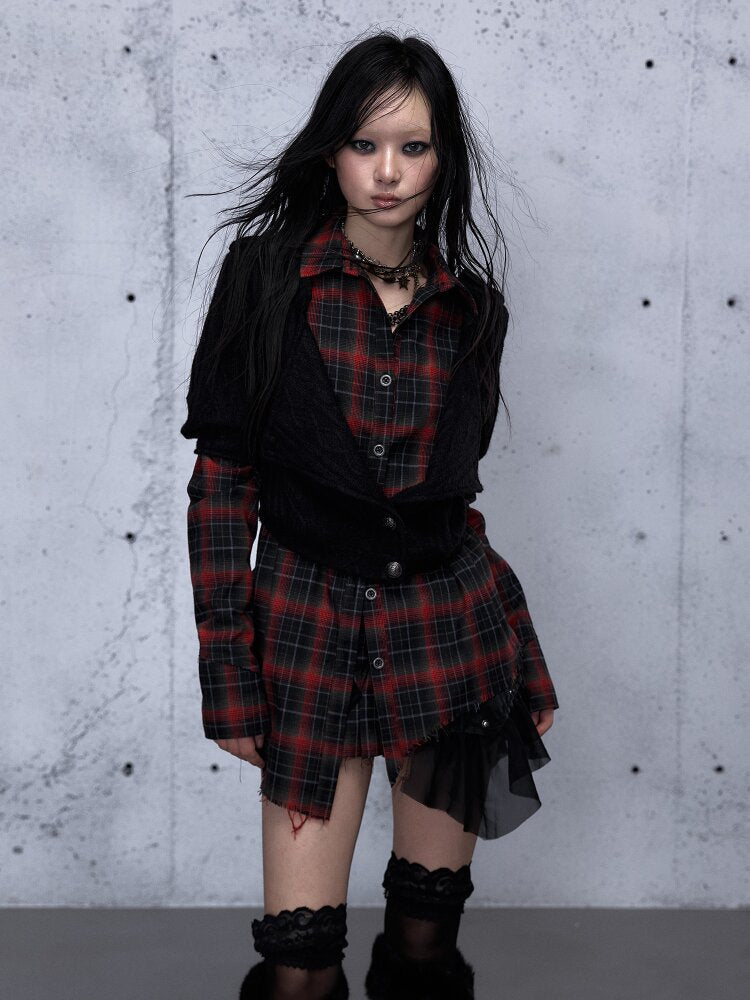 Check Knit Fake Two Piece Shirt【s0000015547】