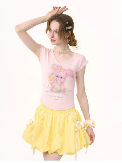 Rabbit Printing V-Neck Short Sleeve T-shirt【s0000012236】